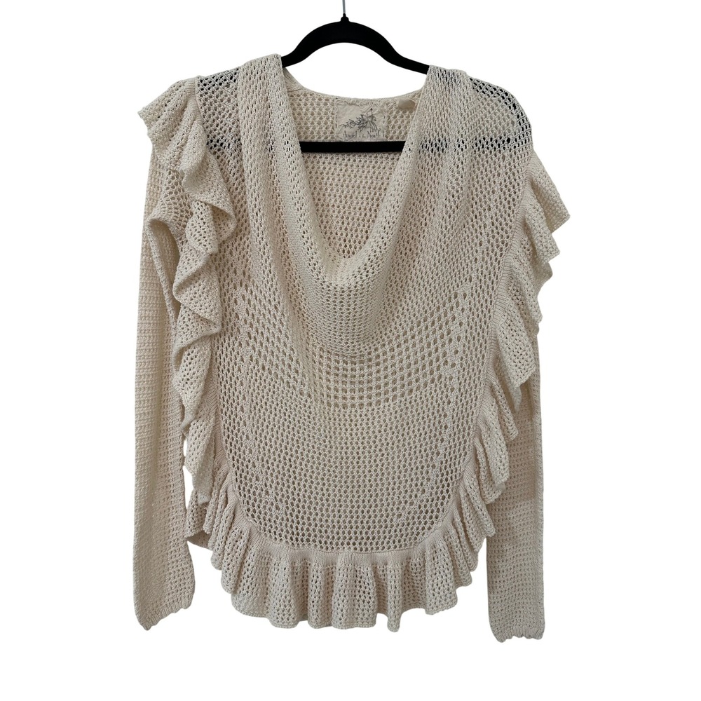 Angel of the North Anthropologie Ruffle Crochet Open Knit Sweater M Boho Cottage